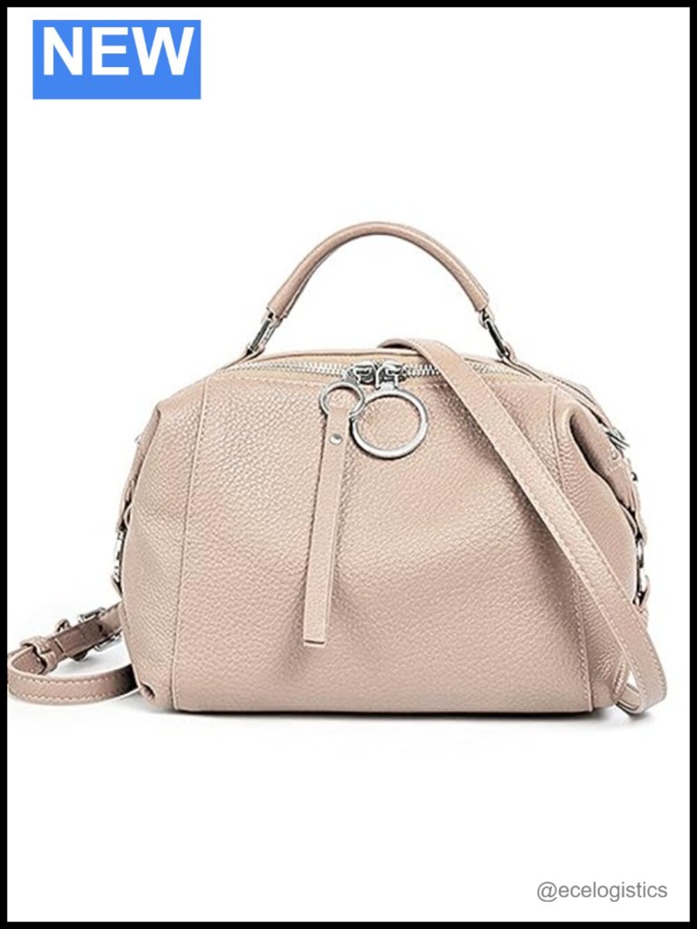Genuine Leather Boston Pillow Crossbody Bag with Dual Straps, 5 Pockets, Zipper